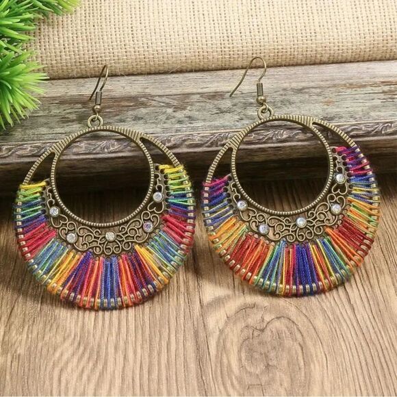 Rainbow threaded Earrings iridescent Stones Bohemian hoop String earrings - Picture 1 of 6
